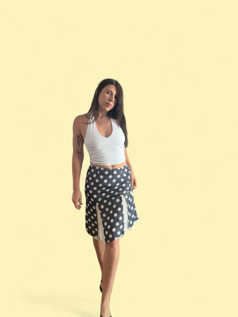 Polka Dot A-Line Skirt with Lace Panels - White on Navy